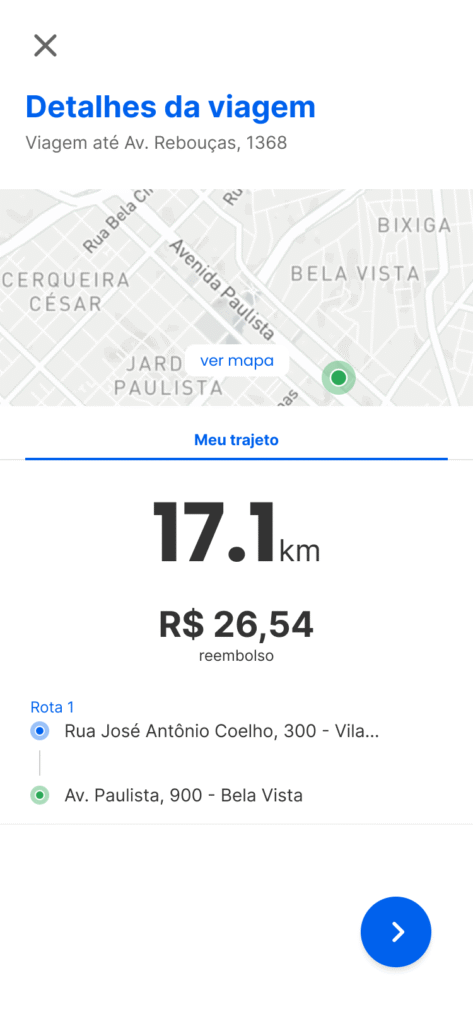 Detalhes da viagem e solicitação de reembolso no app da Stuo