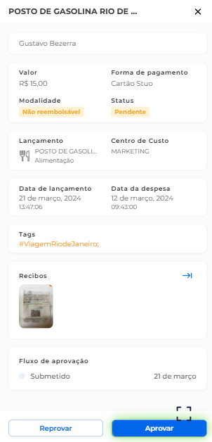Solicitação de reembolso no app da Stuo que facilita a prestação de contas.