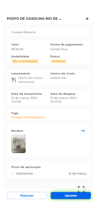 Solicitação de reembolso digital no app da Stuo, auxiliando na prestação de contas.