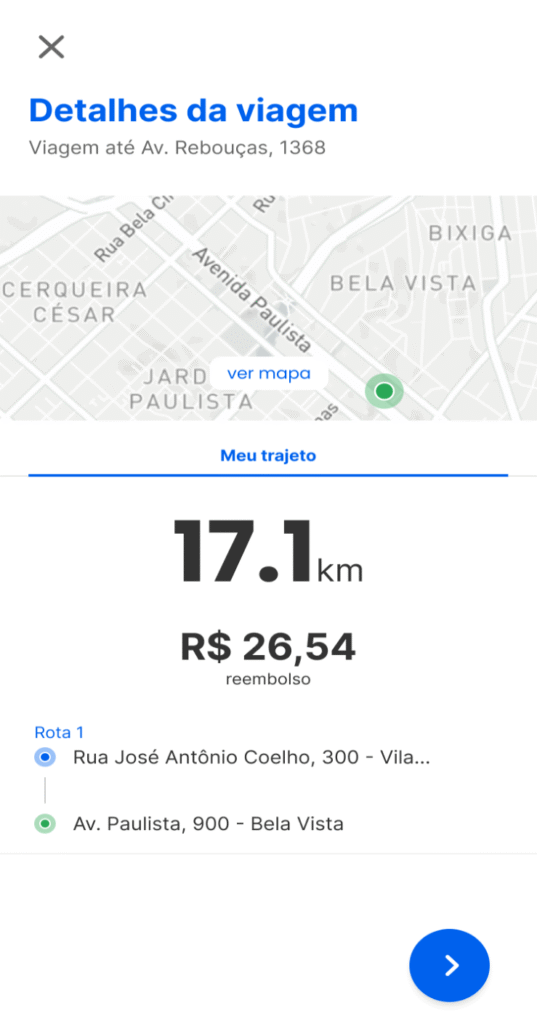 Tela do app Stuo com trajeto percorrido, distância registrada e valor de reembolso calculado automaticamente.